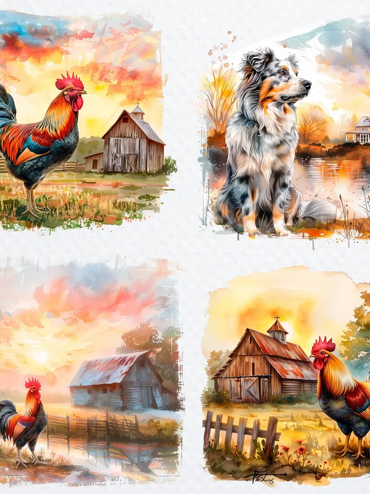 20 Farmyard in Sunrise Clipart, Printable Watercolor Farm landscape clipart for sublimation, High Resolution, junk journal, Paper craft