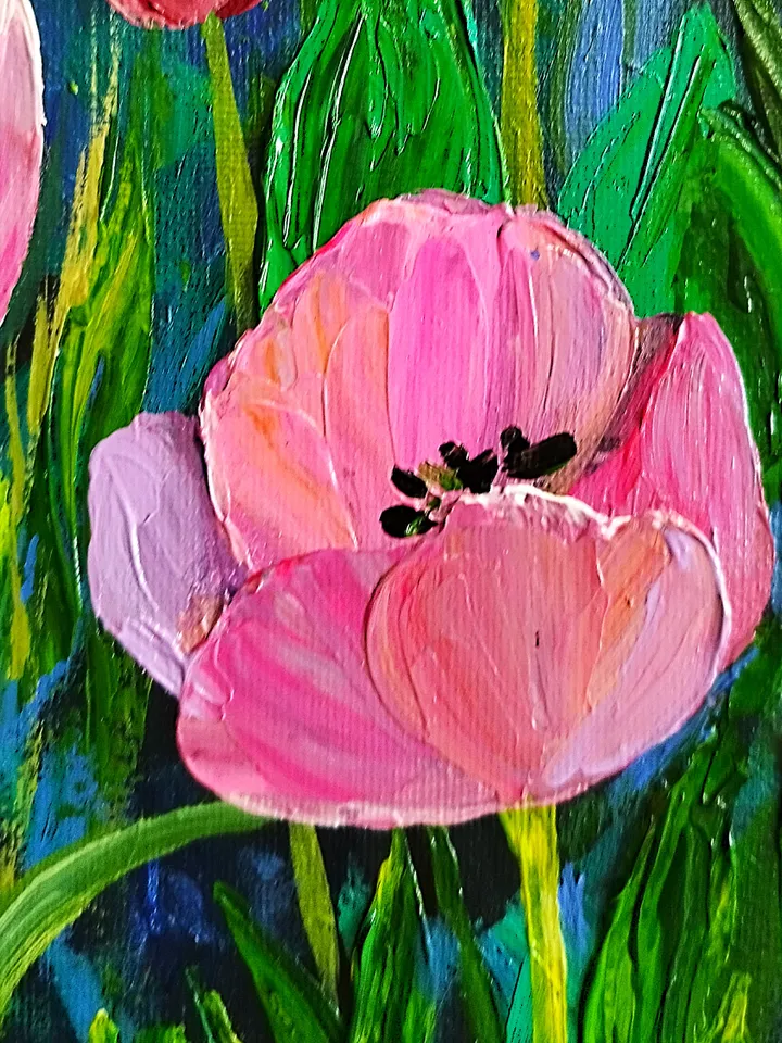 Tulips acrylic painting landscape art impasto. Flowers artwork