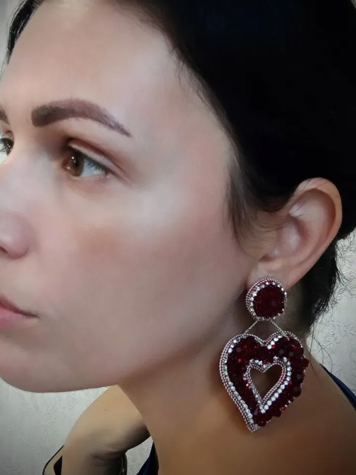 Crystal statement Red heart shaped earrings for women-big love earrings- dangle valentines earrings-heart gift for her