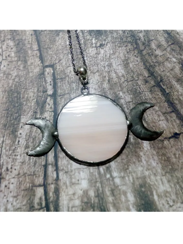 Hecate necklace, Moon Goddess, Stained glass moon, Moon phase necklace, Stainglass pink moon crescent, Full moon pendant