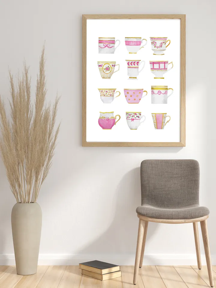 Tea cups, Kitchen Art, Wall Art, Kitchen Wall Decor, Vintage Tea Cup, Gift For Tea Lovers, Tea Party Decor ,Watercolor Art Print Tea Poster