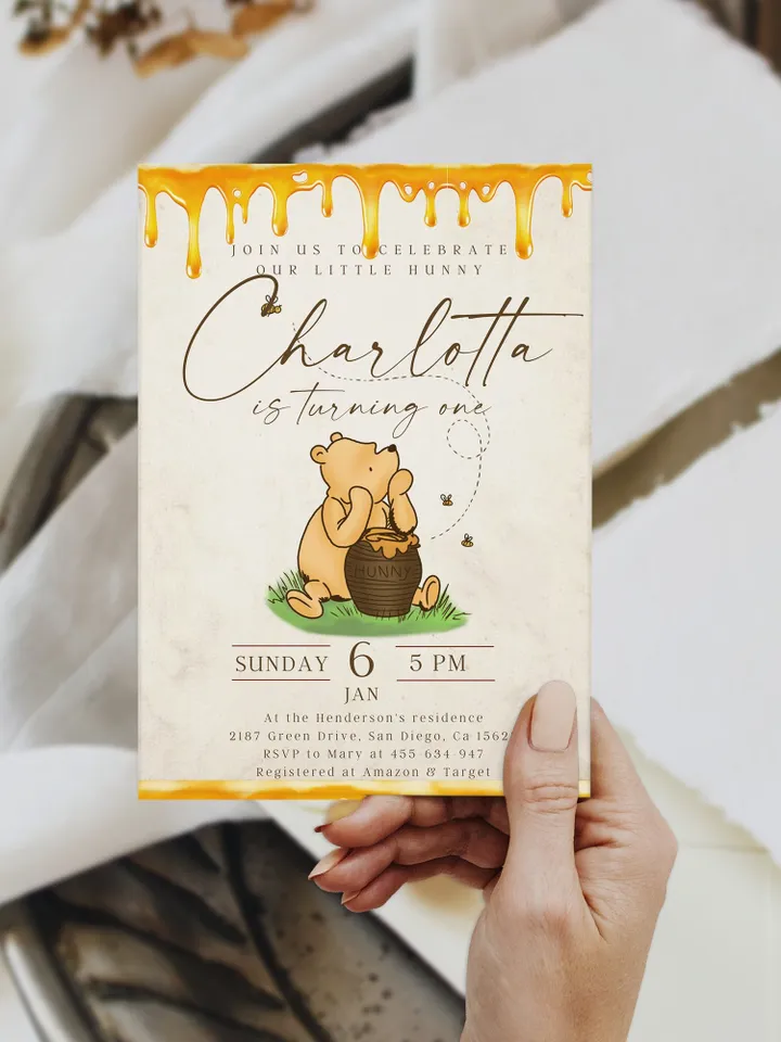 Winnie the Pooh Inspired First Birthday; Classic Winnie Pooh Invitations; Our Little Hunny is Turning One; Winnie Pooh Birthday Party Theme