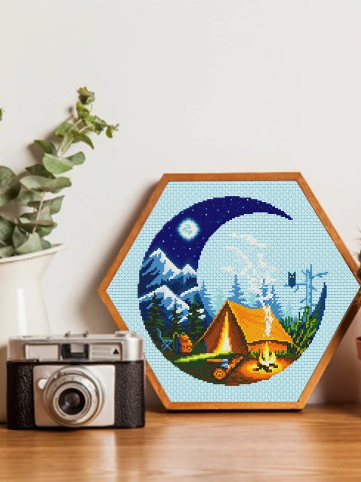 Camping cross stitch pattern download PDF Nature landscape cross stitch Campfire tent xstitch chart Adventure awaits Nature lover gift #L26