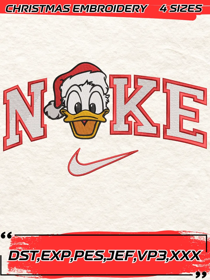 Swoosh Donald Duck Santa Hat Embroidery Design,Christmas Embroidery Design,4 Sizes,Digital Download