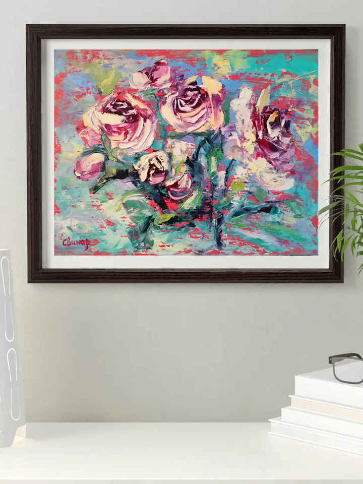 Oil Painting Flower Pink Roses Bushes Impasto Original Artist Svinar Oksana