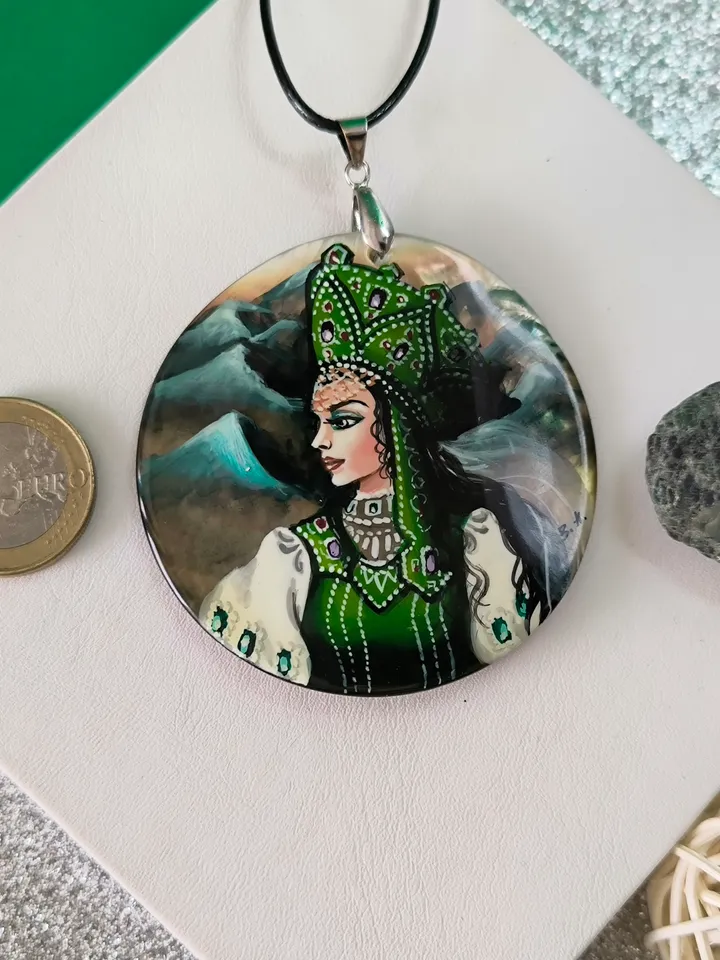 Pearl pendant necklace: Mistress of the Copper Mountain painted on elegant pendant. Russian cutie on handmade jewelry shell. Outstanding art