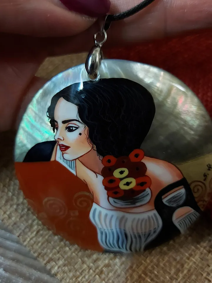Gustav Klimt. Pendant " Judith ". Mother-of-pearl Russian hand-painted necklace. Hand paint necklace pendant.Hand painted miniature painting