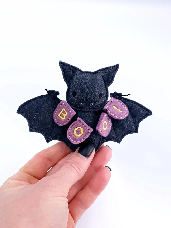 ITH Halloween Bat Stuffed Toy Embroidery Design, Felt Bat Plushie Pattern for Spooky Decor, 4x4 Hoop Digital File