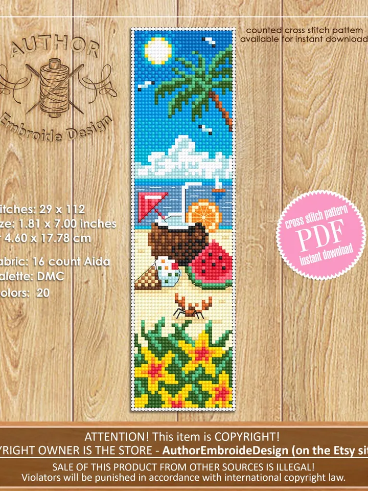 Beach bookmark cross stitch pattern PDF download Tropical drink cross stitch chart, Summer bookmark pattern digital, Beach life Hawaii #B434