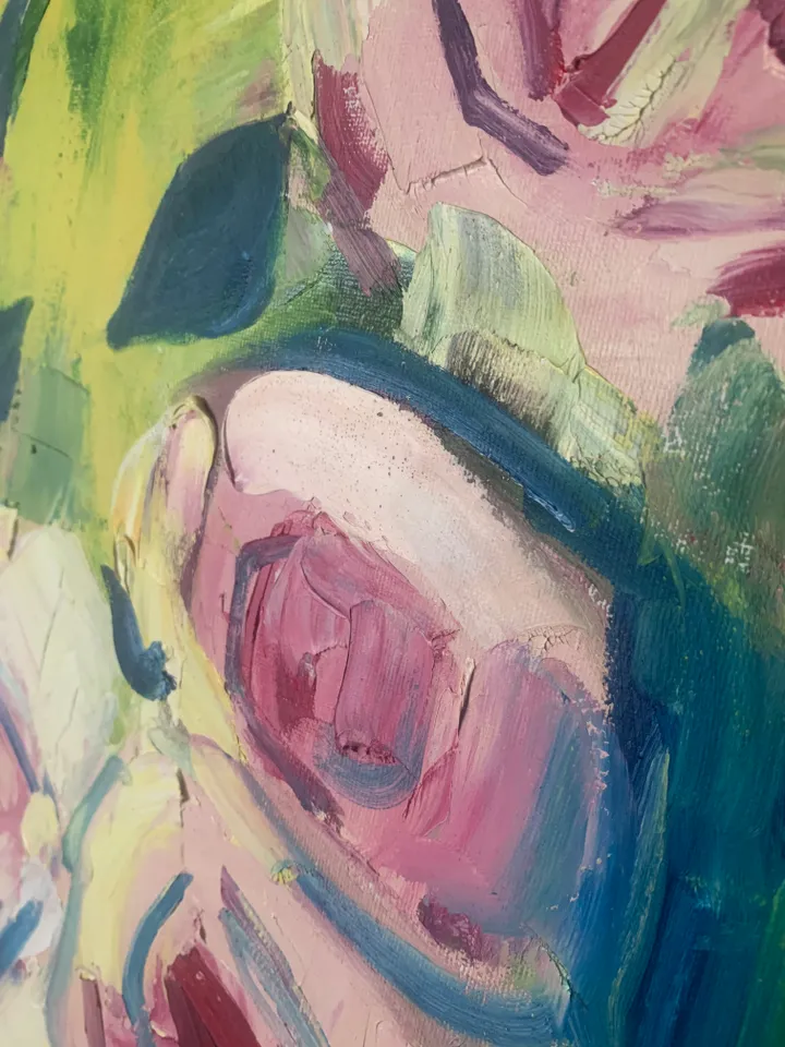 Pink peonies on a bright green background interior original impasto painting contemporary abstraction modern style