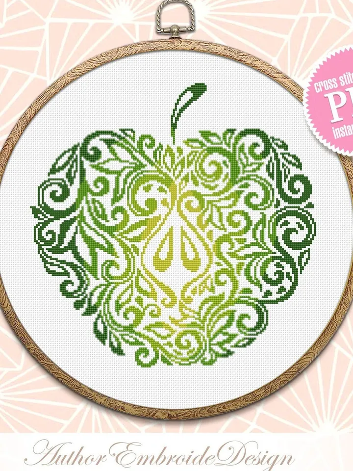 Green apple mandala cross stitch pattern PDF download Fruit cross stitch chart, Apple hand embroidery PDF, Vintage apple ornament #M210