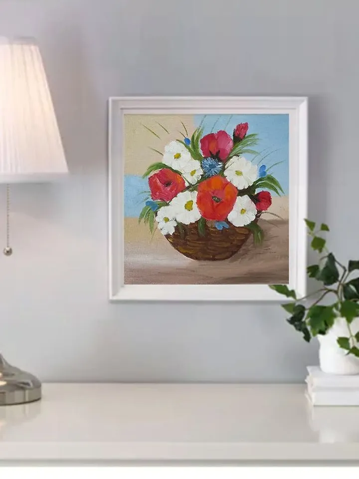 Painting with red flowers Basket daisies Original floral art Original painting