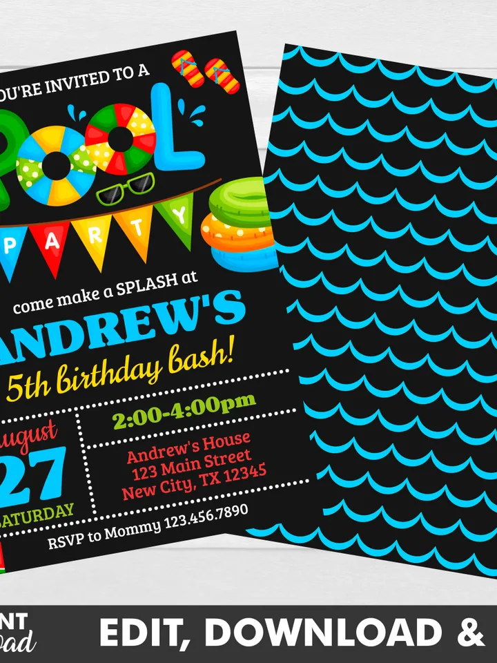 Pool Party Birthday Invitation Boy, Pool Party Invitation Instant Download, Swimming Party Invite, Editable Template