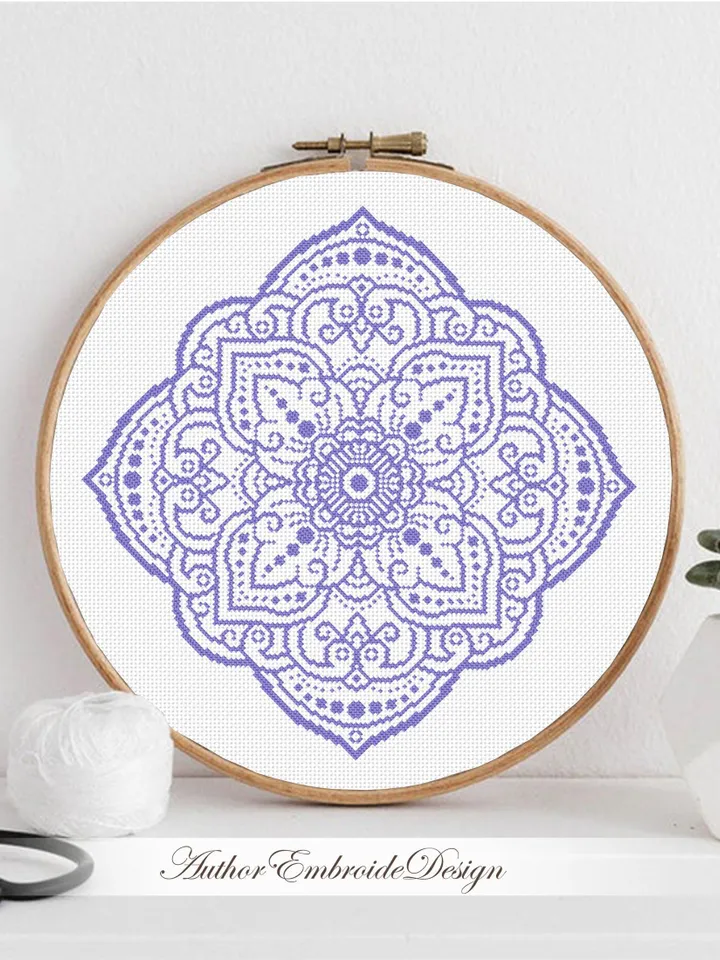 Flower mandala cross stitch pattern PDF download Monochrome cross stitch chart, Square mandala pattern digital for pillow cross stitch #M272