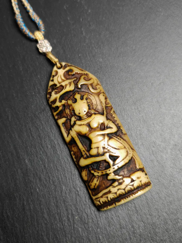 Gandhanra Vintage Yak Bone Carved Troma Nagmo Amulet - Tibetan Buddhist Black Dakini Female Deity Pendant