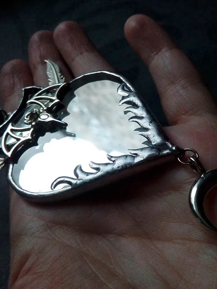 Stained glass scrying mirror, Black goth ornate mirror, Bat mirror, Car hanger, Witch mirror, Heart mirror
