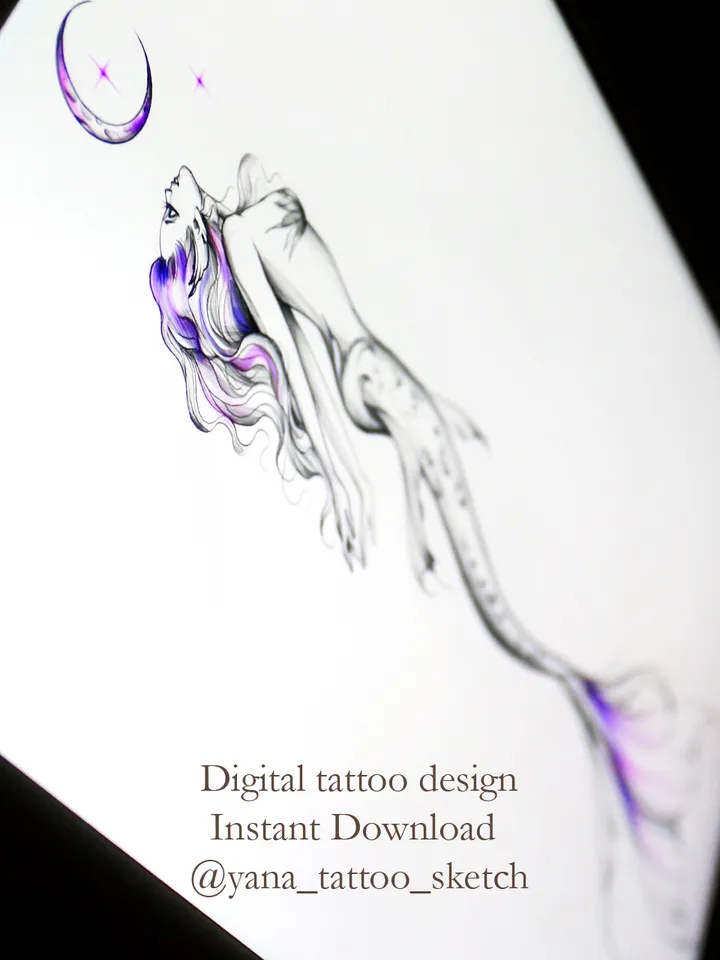 Mermaid Tattoo Design Moon Mermaid Tattoo Idea Drawing Fine Line, Instant download PDF, JPG, PNG