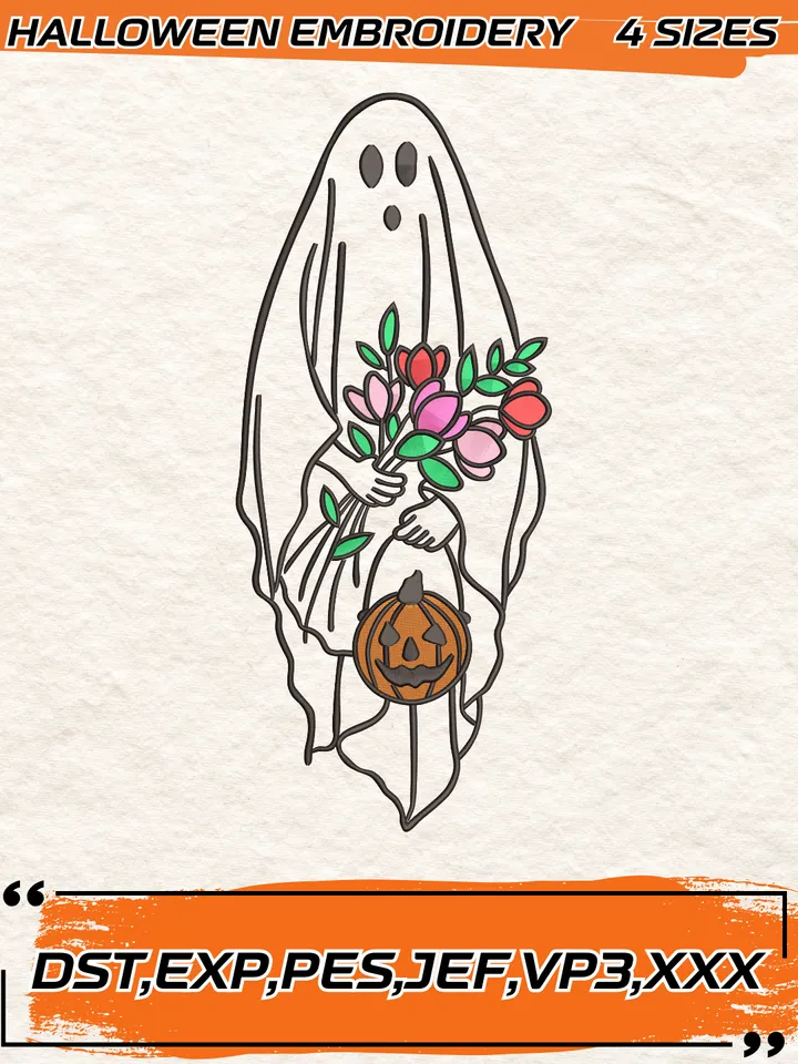 Happy Halloween Embroidery,Pumpkin Halloween Ghost Embroidery,Halloween Embroidery Design, Embroidery Designs for Halloween,4 Sizes,Digital Download