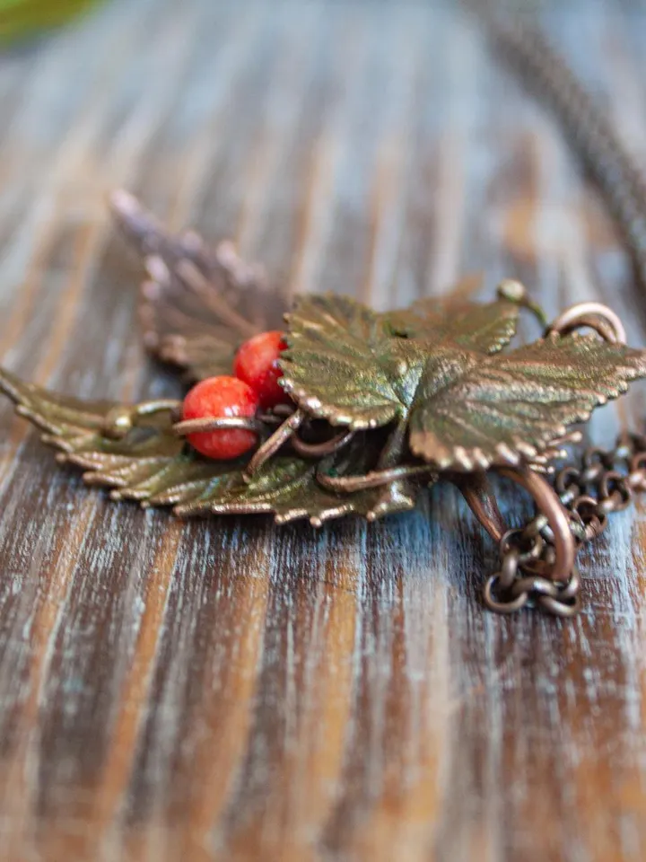 Unique handmade copper pendant made of nature leaves in a single copy, original gift