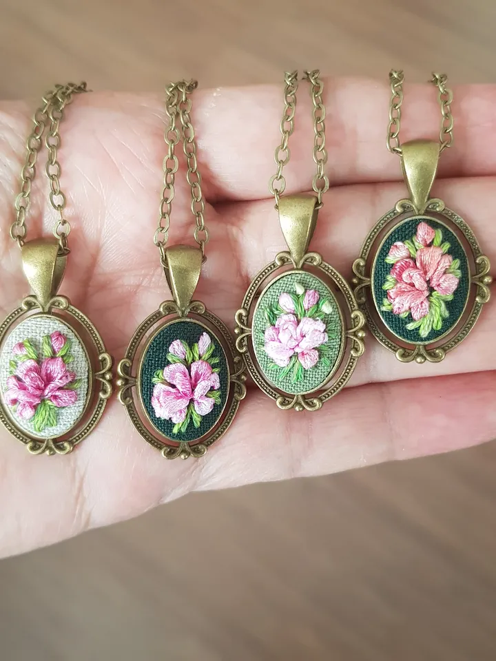 Hand embroidery pendant for her, 4th wedding anniversary gift, embroidered jewelry, custom embroidery necklace, art 34