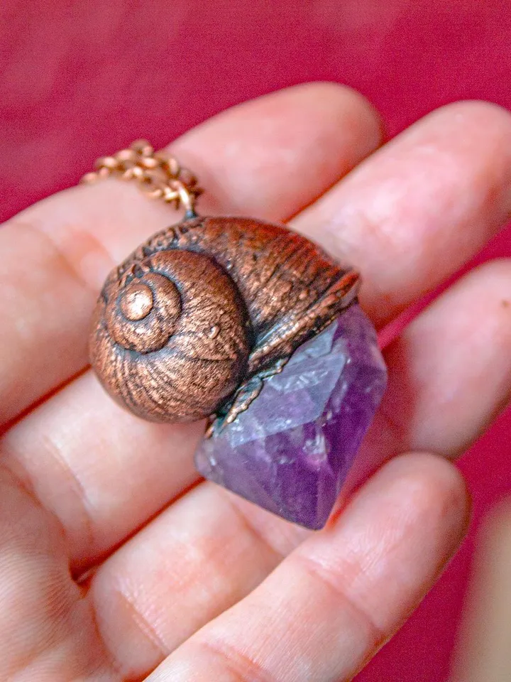 Handmade copper pendant made from real shell using electroforming process, embellished with natural amethyst, great gift for her and him
