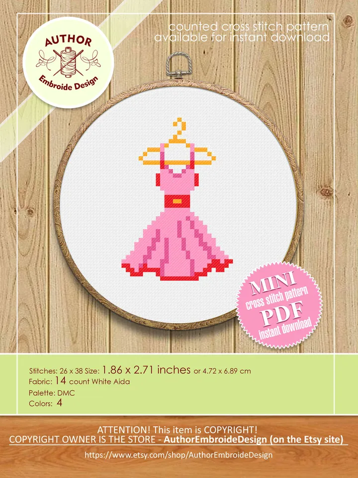 Pink dress small cross stitch pattern PDF Mini cross stitch chart, Minimalistic funny cross stitch Instant download PDF, Beginner stitch #O6