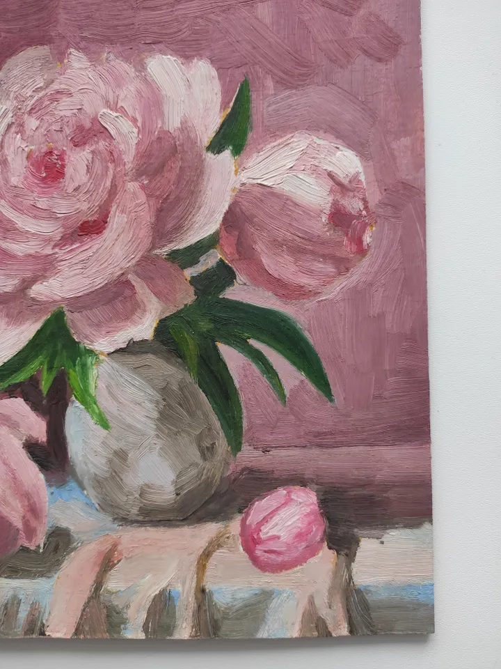 Oil painting on cardboard peonies