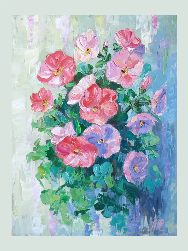 Original Oil Painting Geranium Small Artwork Abstract Flowers in Palette Knife Style Geraniums Impasto Home Decor