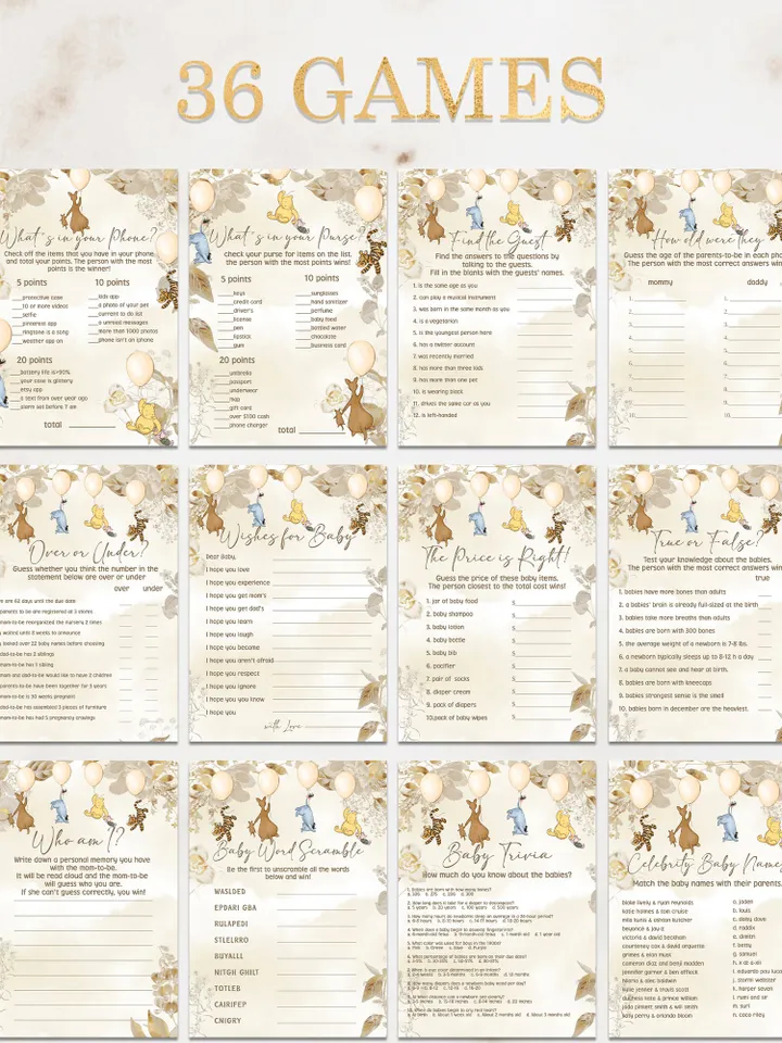Winnie the Pooh Baby Shower Games; Winnie the Pooh Inspired; Printable Pooh Baby Shower Party Games; Honey Bear Shower Games; Wb12