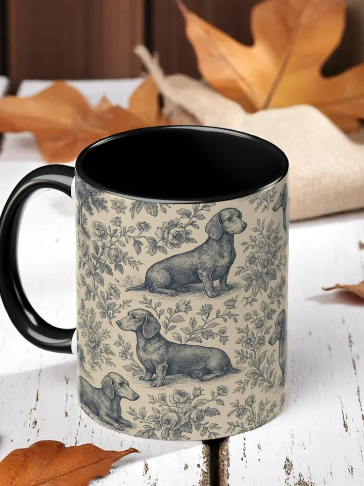 Dachshund French Toile de Jouy Ceramic Mug, Toile Coffee Cup for Doxie Mom, Sausage Dog Lover Gifts, Dog Tea Drinkware, Gift For Dog Lovers
