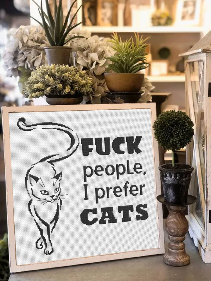Cat quotes cross stitch pattern download PDF, Fuck people I prefer cats, Black cat silhouette cross stitch chart, Easy beginner stitch #Q15