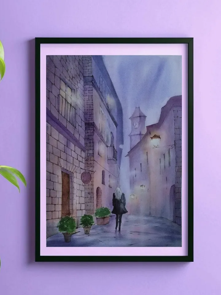 Original Watercolor Painting Urban Landscape Art Rainy Morning Street Artwork 30x40 Old Town Picture by SoftWaves