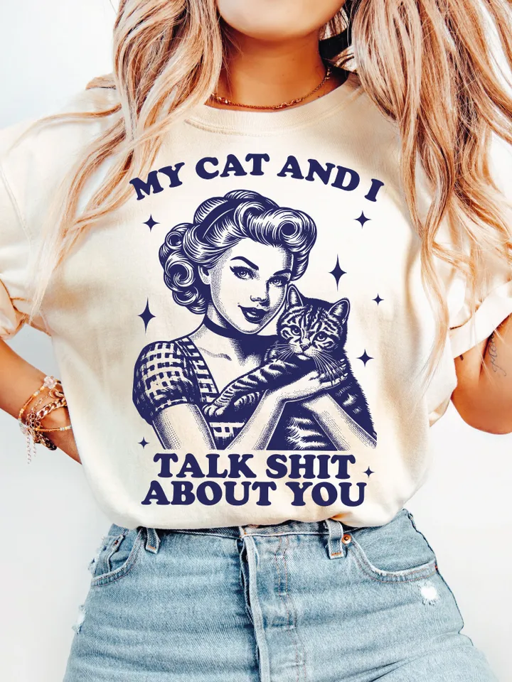My Cat And I Talk Shit SVG PNG, Trendy Vintage Retro Housewife Funny Cat Sarcastic Adult Humor Sublimation Design Tee Mug png SVG Cut File