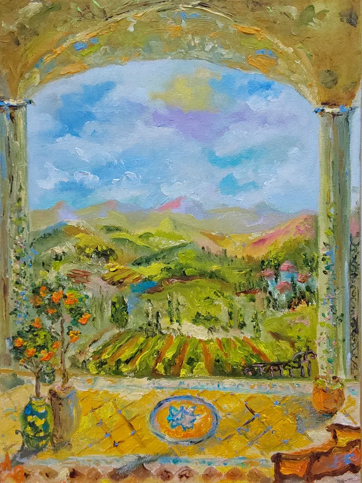 "Summer terrace overlooking the valley" oil painting on canvas 30x40cm (12x16inch)