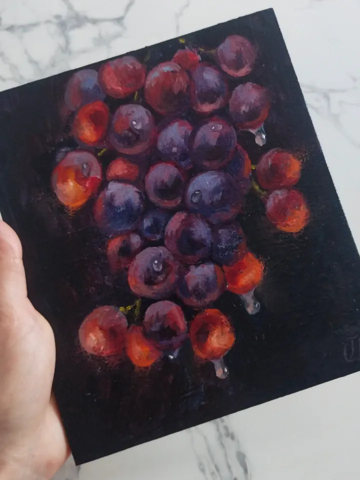 Original Grape oil painting, Lucent Fruit miniature art, Small fine art on panel