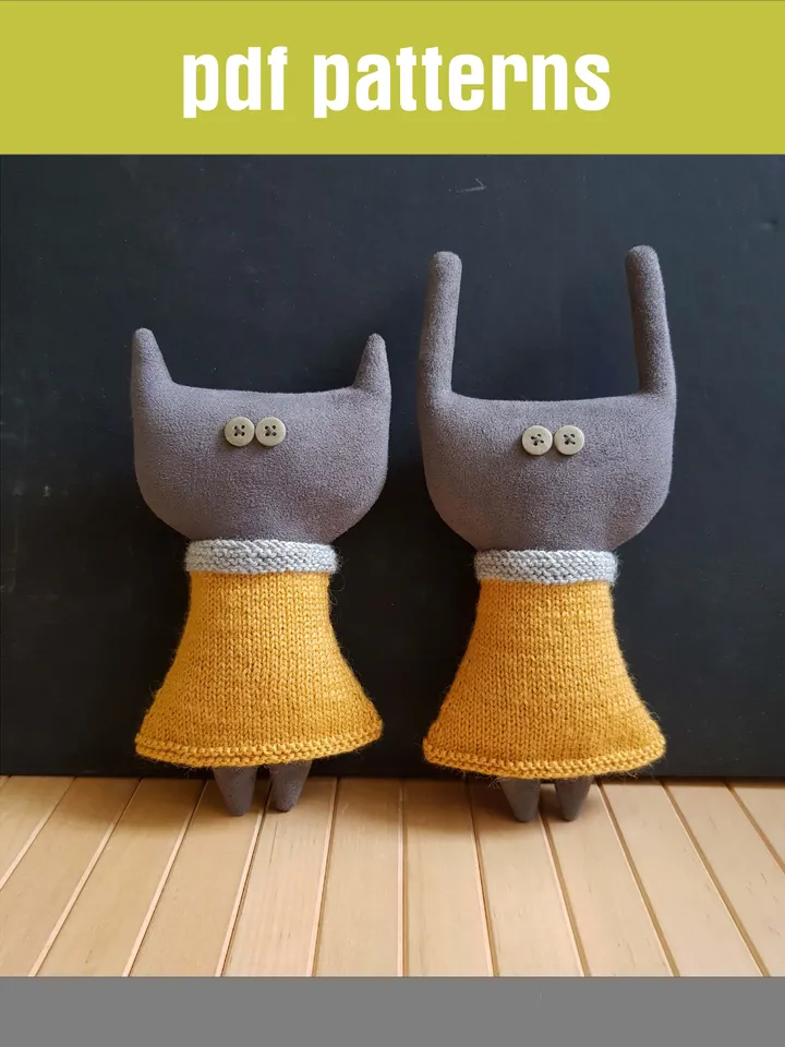 Stuffed animals sewing and knitting patterns PDF, Cat and Rabbit in Dresses, set of 2 tutorials in English, rag doll diy