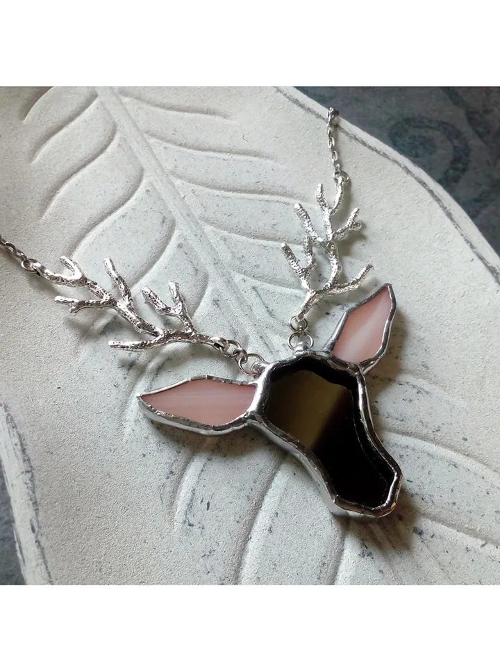 Deer antler jewelry, Deer head necklace, Noel, Yule jewelry. Christmas deer, stag head pendant