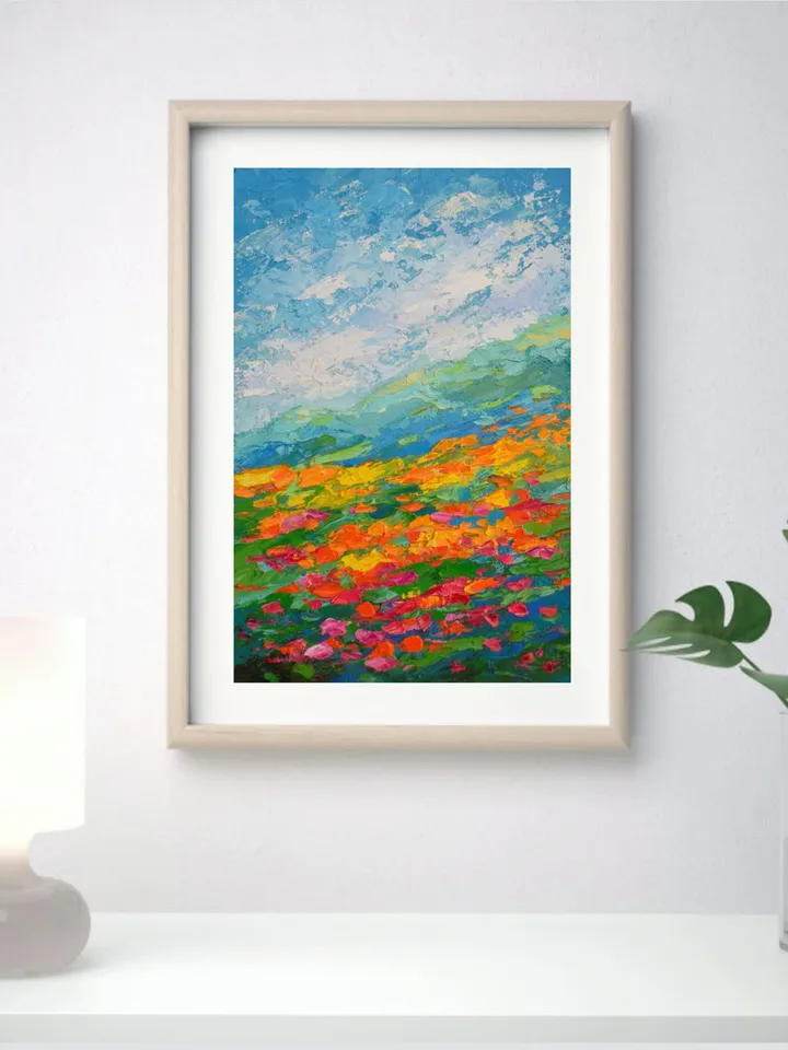 Poppy Painting Mountain Landscape Original Art 8 by 12 inch California poppies Art Wildflower Painting by Juliya JC