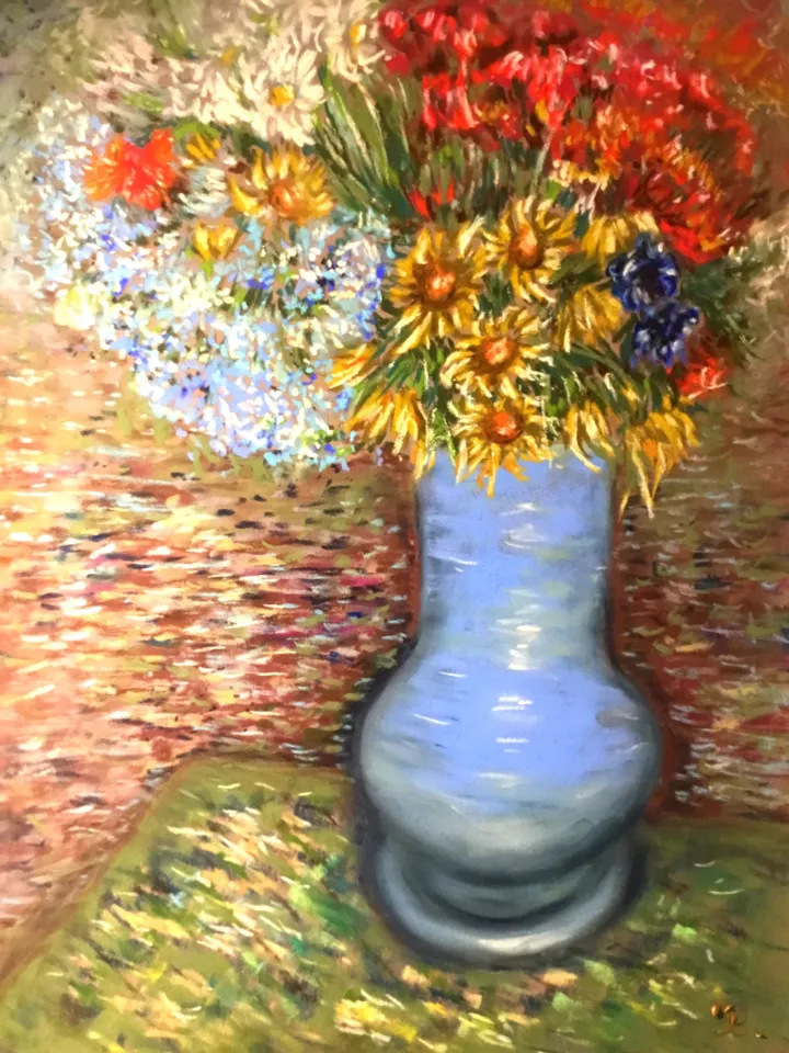 Vase of flowers,impressionistic soft pastel painting on pastelmat Monet inspired,gift for her,original wall art.