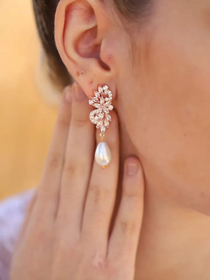Swarovski Crystal Statement Gold Wedding Earrings, Pearl Chandelier Bridal Earrings, Cubic Zirconia Statement Wedding Jewelry For bride,