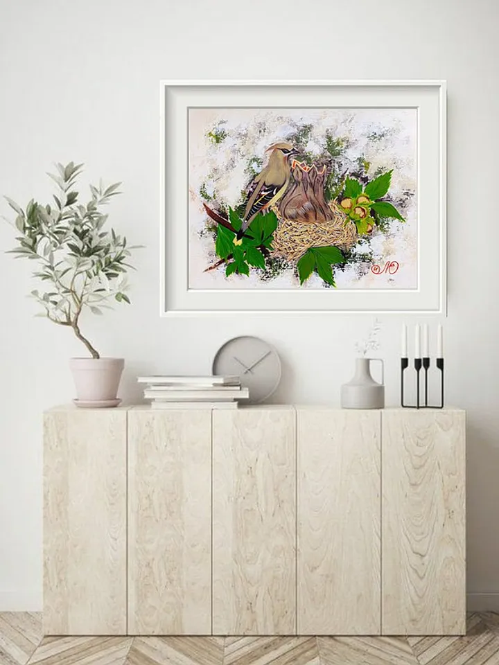 Waxwing Painting Bird Original Art Bird Nest Wall Art Animal Acrylic Painting