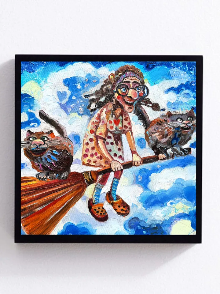 Funny Grandmother with the cats Original Oil Painting Oil on Canvas Small Painting