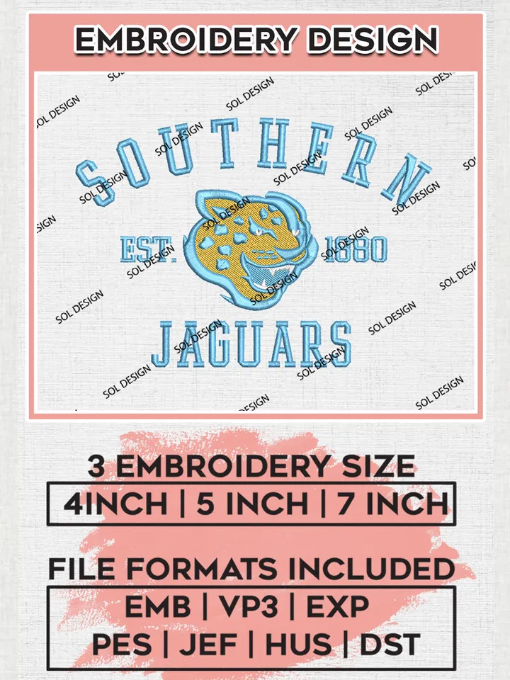 Southern Jaguars Est 1880 Logo Embroidery Designs, NCAA Southern Jaguars Team Embroidery, NCAA Team Logo, 3 sizes, Machine embroidery Files, Digital Download