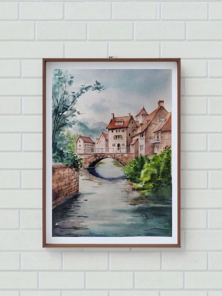 Original Watercolor Painting English Landscape Art CozyTown Artwork 30x40 cm by SoftWaves