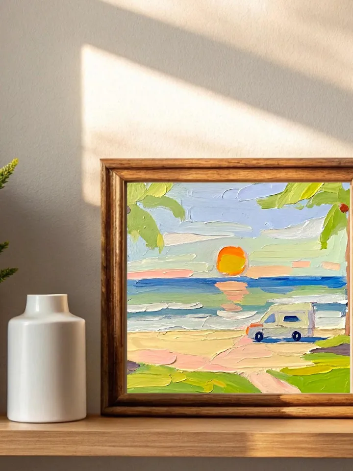 San Diego Beach Travel Original Art Impasto Oil Painting Small Camper Vanlife Impressionist Artwork Gift by ArtProkopaloSv