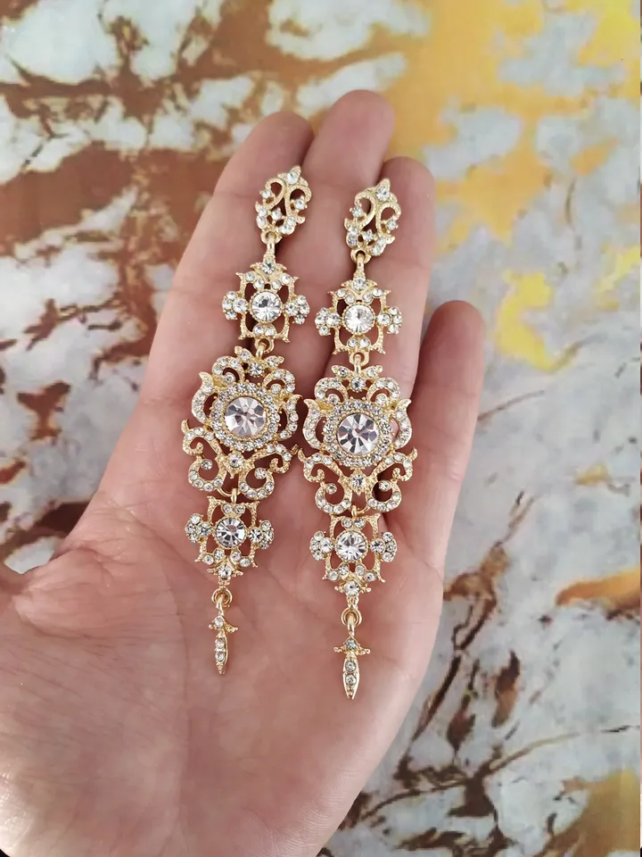 Long Vintage Style Wedding Earrings | Gold , Silver Chandelier Statement Bridal Earrings | Vintage Style Wedding Jewelry | Wedding Gift