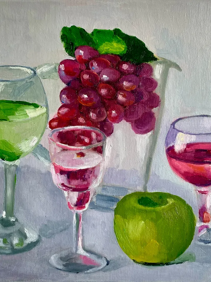 Wine Glass Painting, Original Oil Painting on Canvas, Fruit Still Life Painting