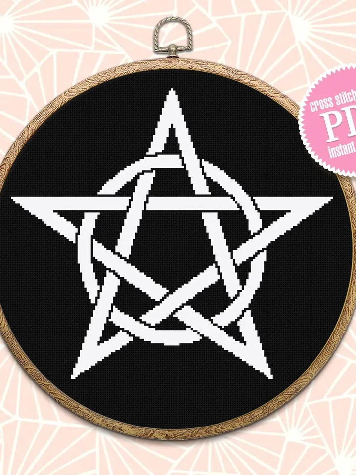Gothic cross stitch pattern download PDF Pentagram cross stitch chart Monochrome pentacle embroidery Occult sign Gothic star digital #M140