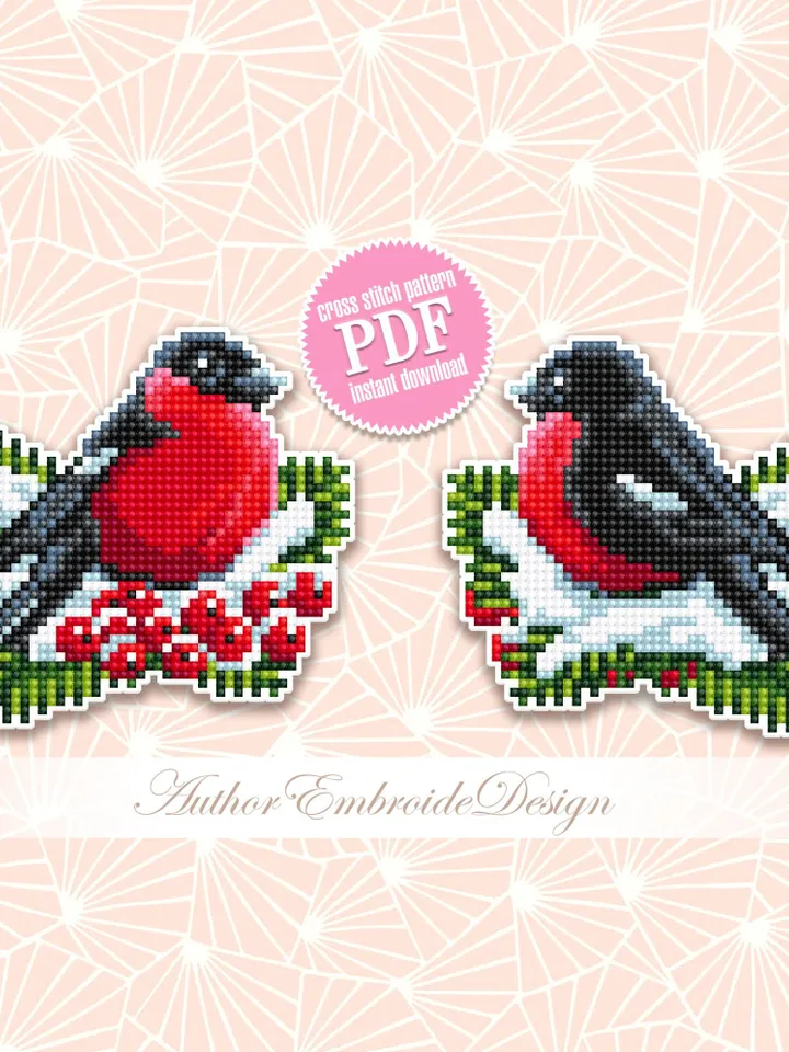 Christmas bullfinch cross stitch pattern PDF download Double-sided Christmas tree decor for plastic canvas, Bird cross stitch chart #N129