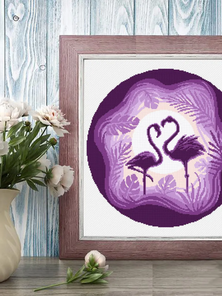 Flamingo cross stitch pattern download PDF, Purple cross stitch birds, Cute flamingo hand embroidery PDF, Tropical leaves cross stitch #L49
